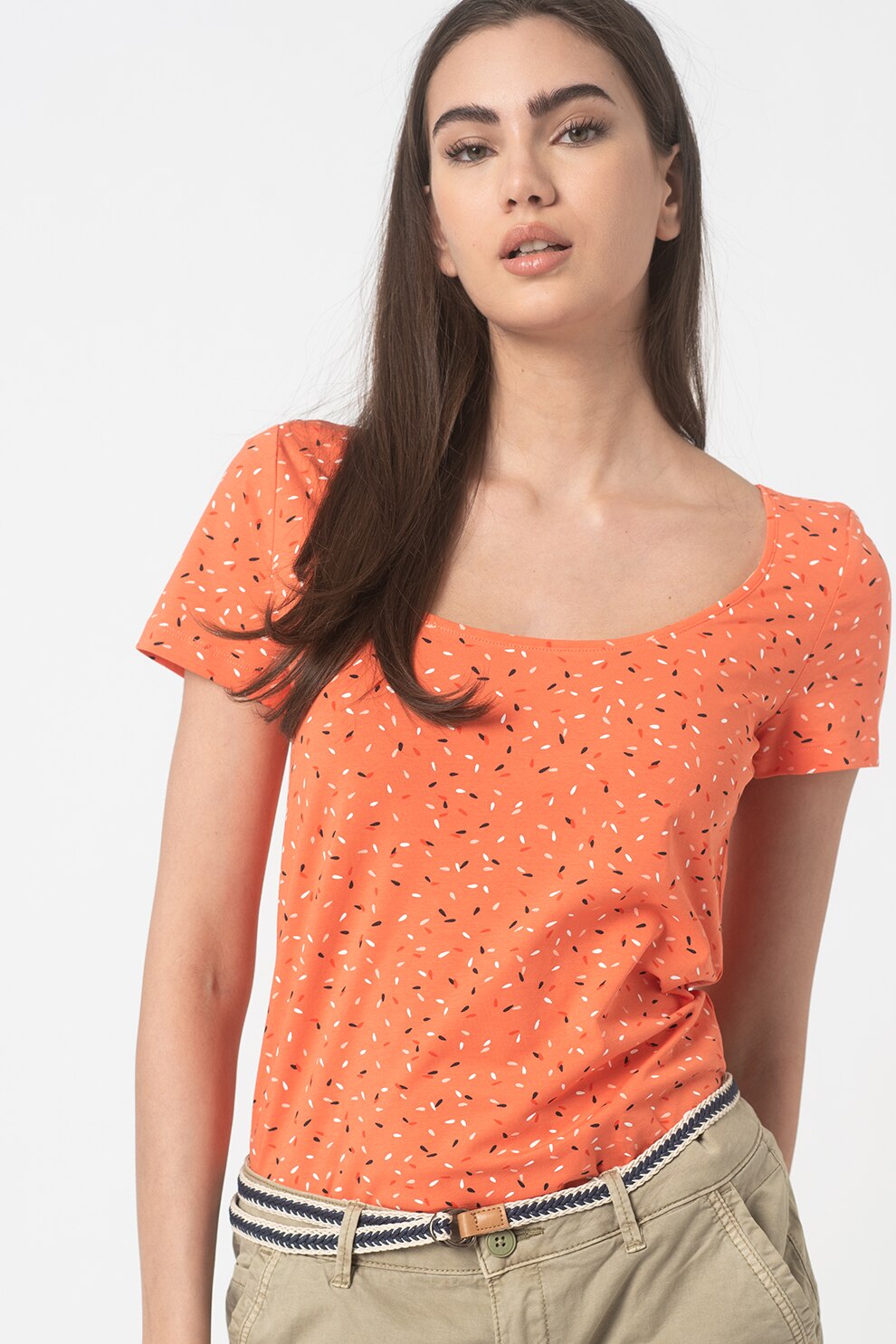 Esprit, Tricou din amestec de bumbac organic cu imprimeu abstract, Corai
