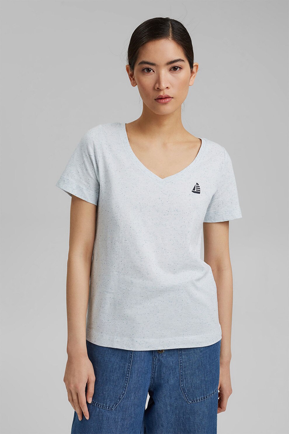 Esprit, Tricou din amestec de bumbac cu decolteu in V, Alb/Albastru, S