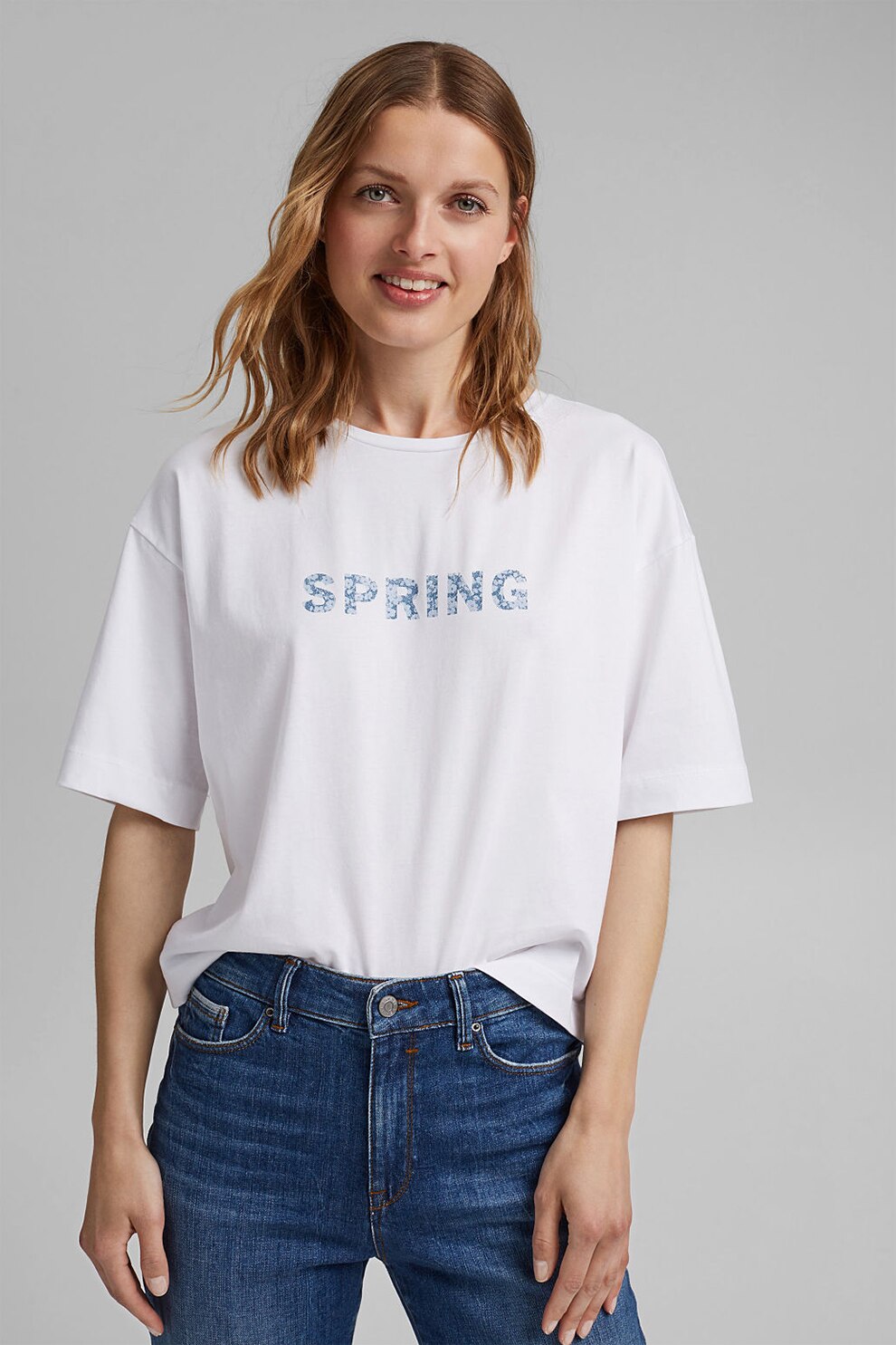 Esprit, Tricou relaxed fit din bumbac organic cu imprimeu, Alb, XS