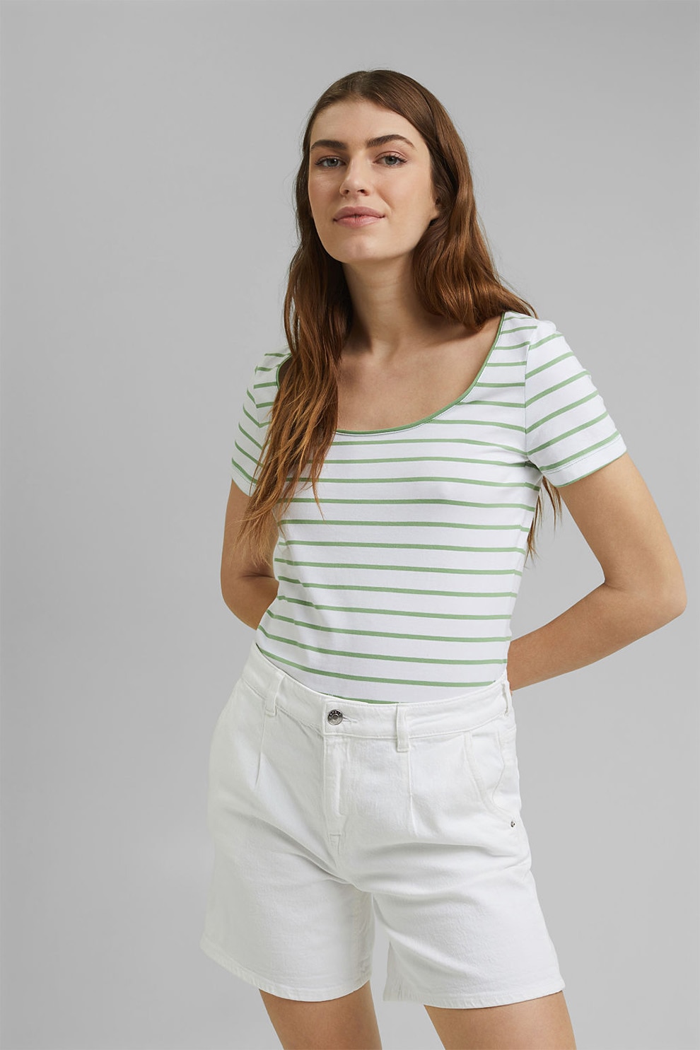 Esprit, Tricou din amestec de bumbac organic cu model in dungi, Verde/Alb