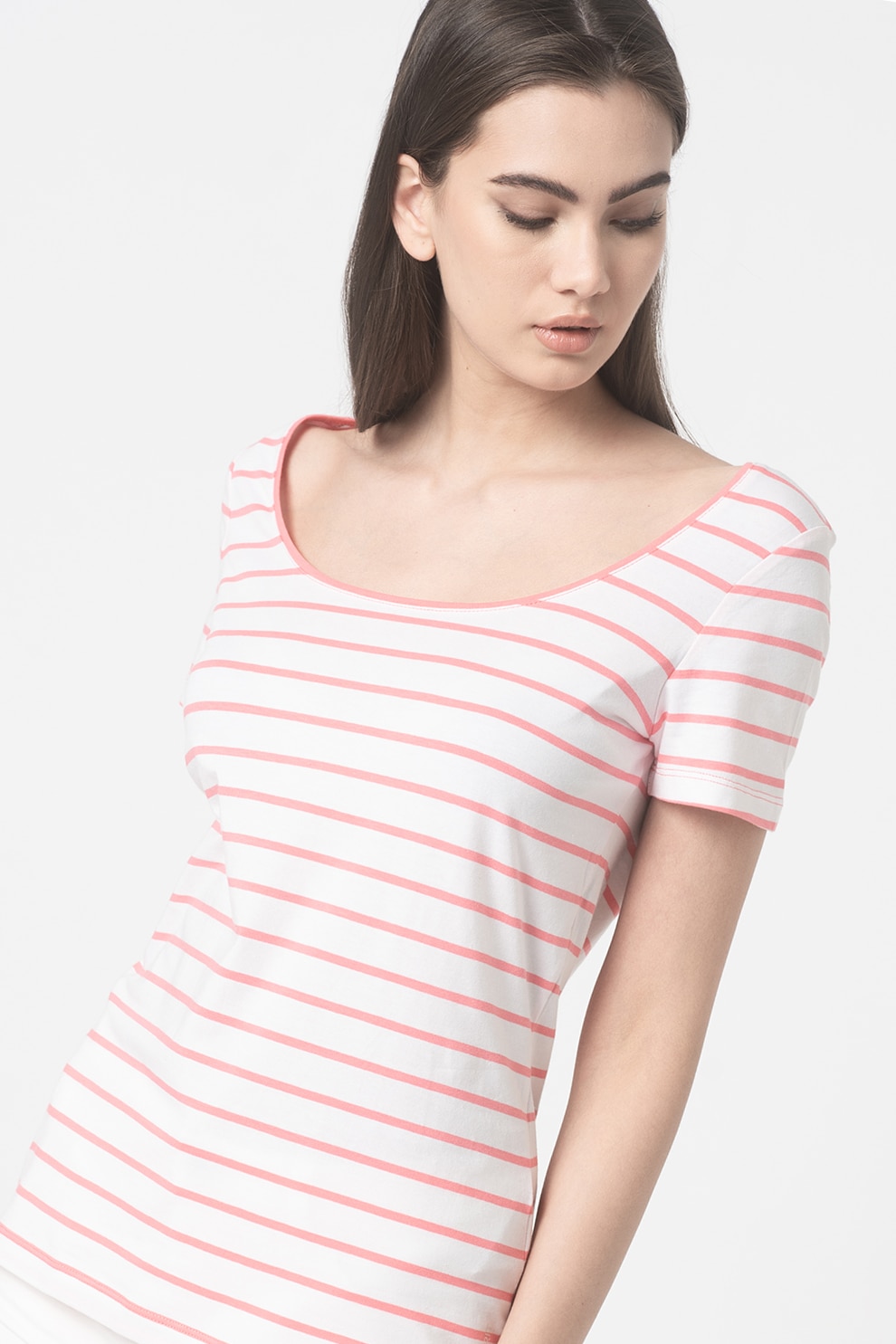 Esprit, Tricou din amestec de bumbac organic cu model in dungi, Alb/Roz