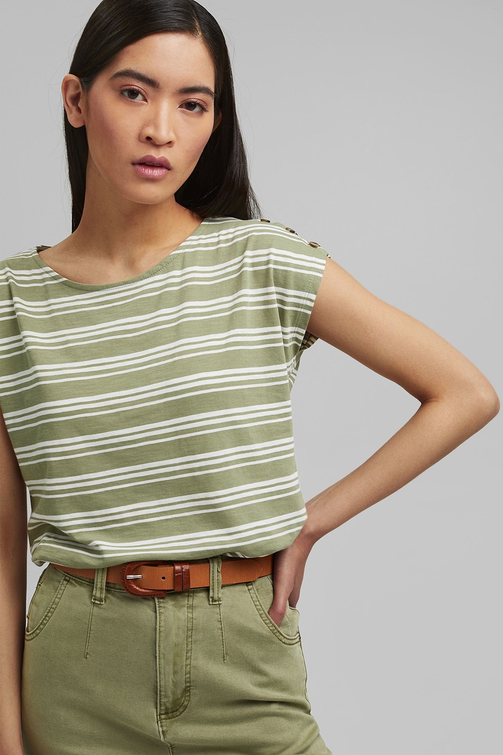 Esprit, Tricou de bumbac organic cu dungi, Verde/Alb, XS