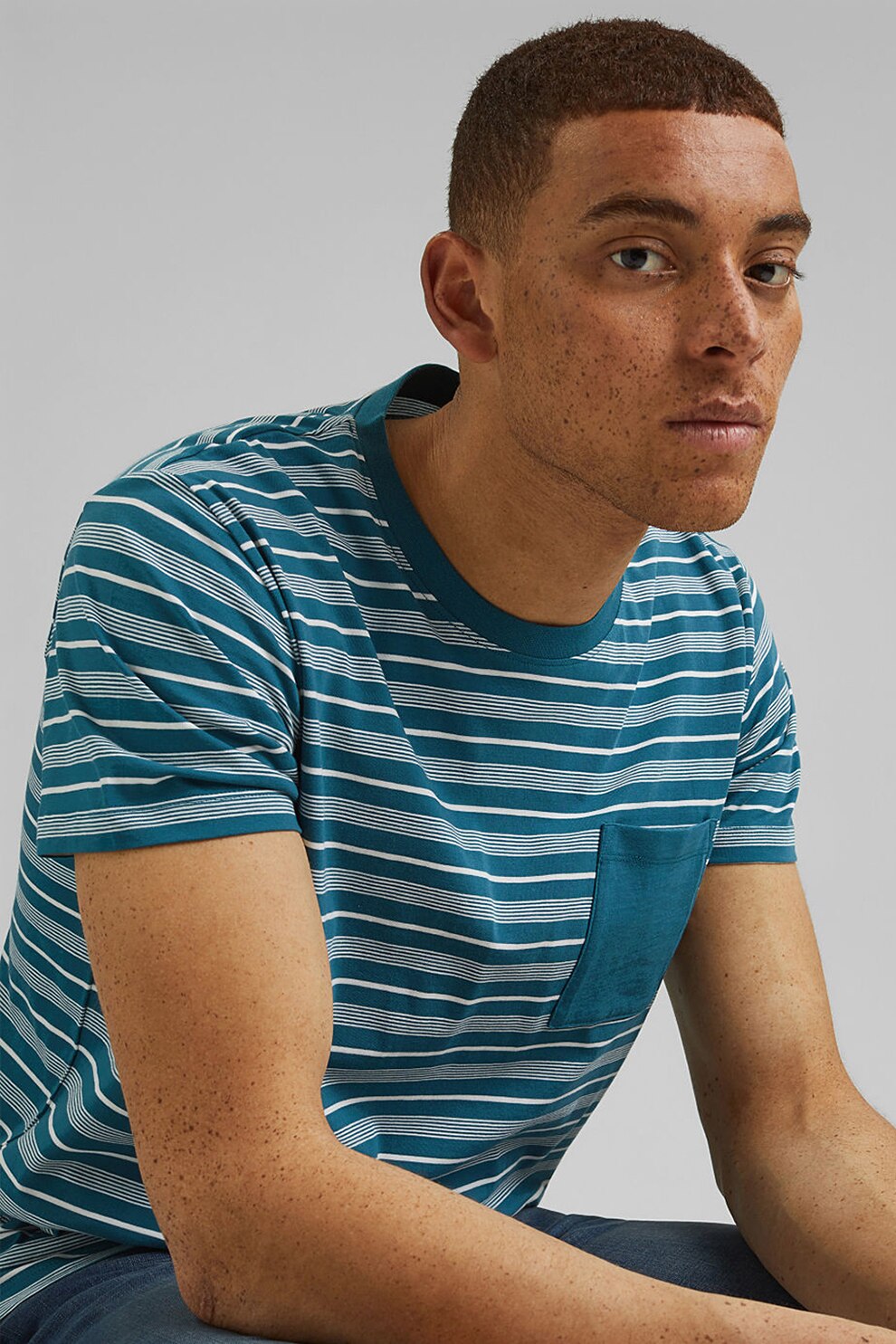 EDC by Esprit, Tricou de bumbac organic cu dungi, Albastru petrol/Alb, S