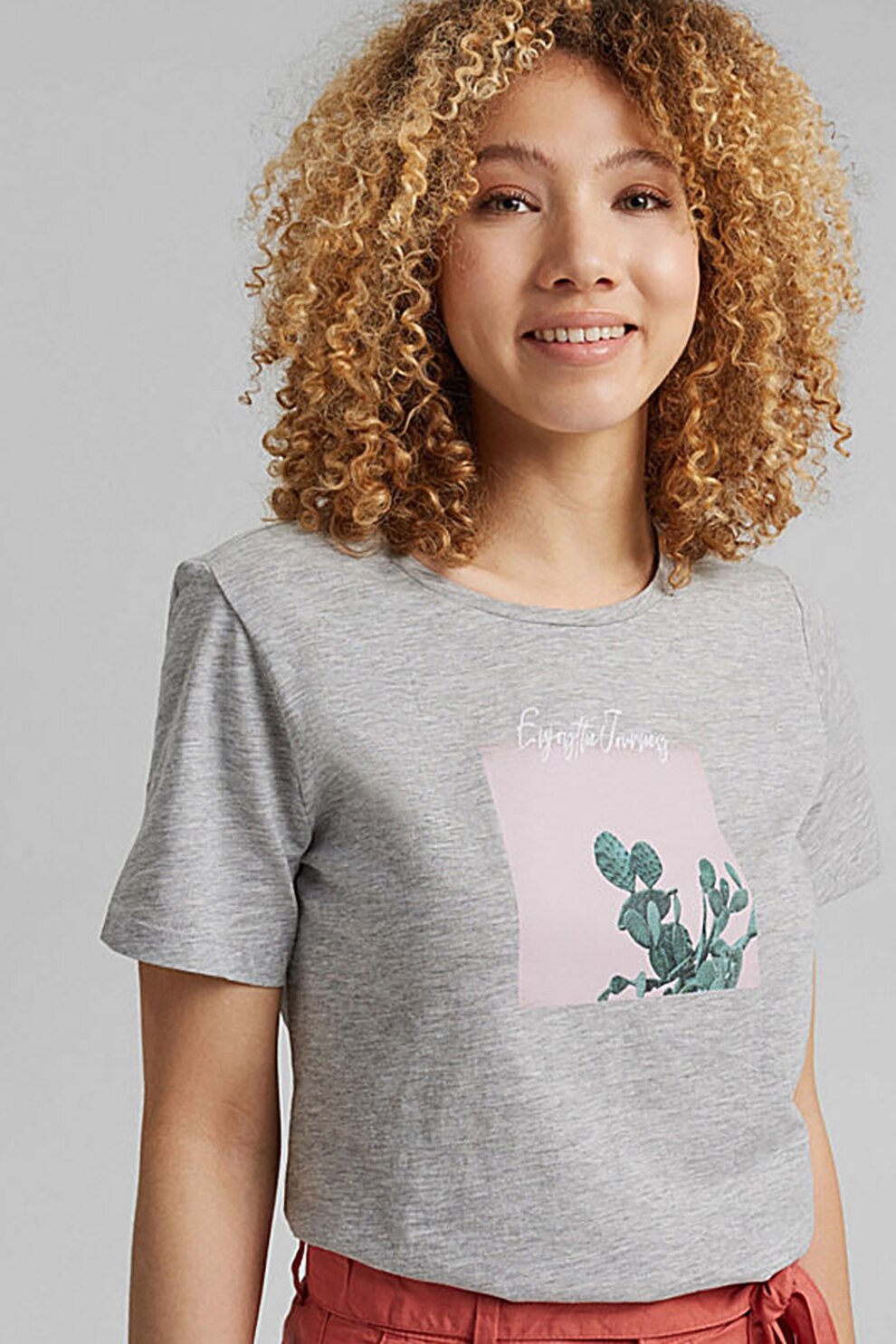 EDC by Esprit, Tricou din amestec de bumbac organic cu imprimeu, gri melange, roz