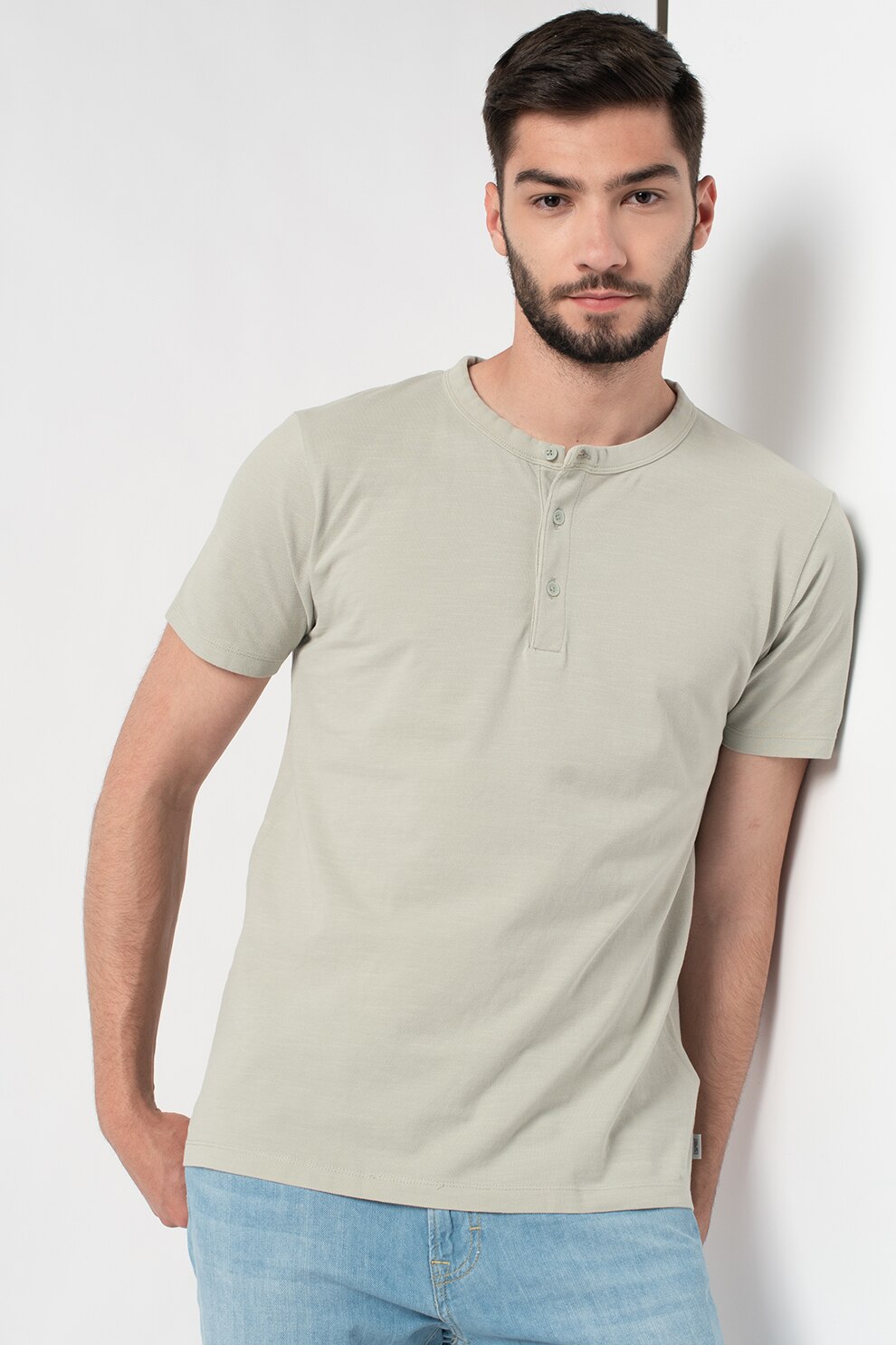 Esprit, Tricou de bumbac organic cu decolteu henley, Verde pal