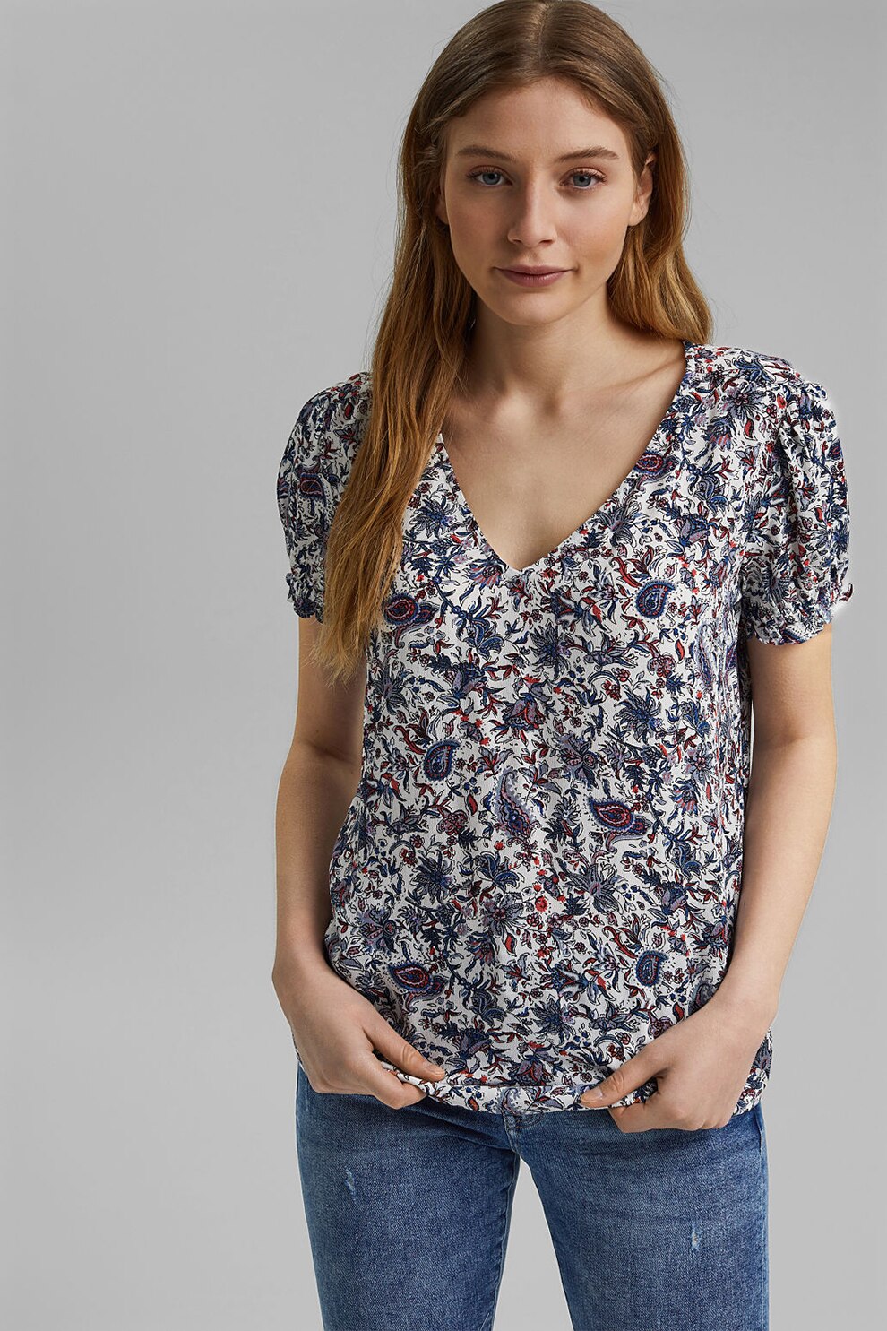 EDC by Esprit, Bluza cu imprimeu si decolteu in V, Alb/Albastru/Rosu