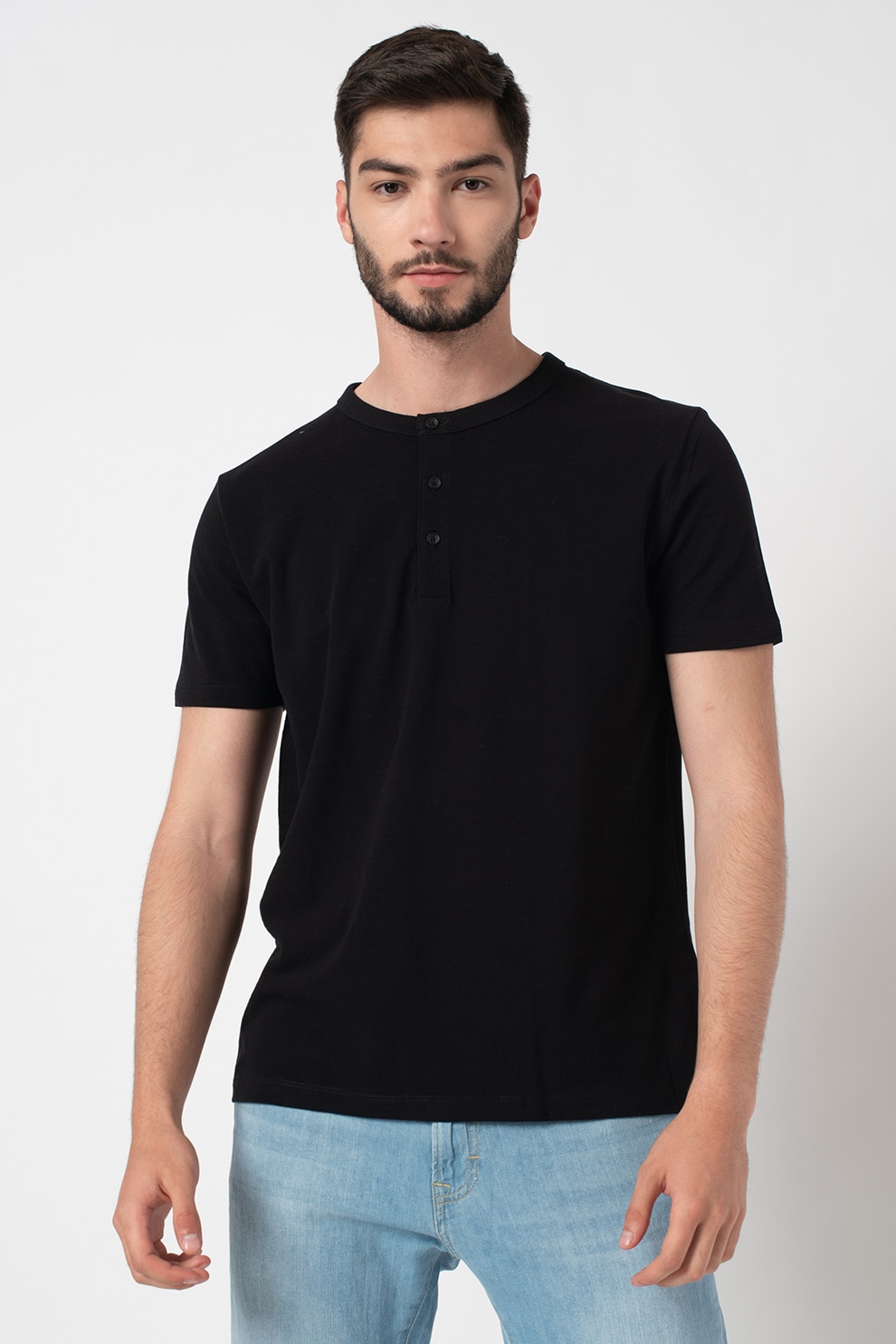 Esprit, Tricou de bumbac organic cu decolteu henley, Negru