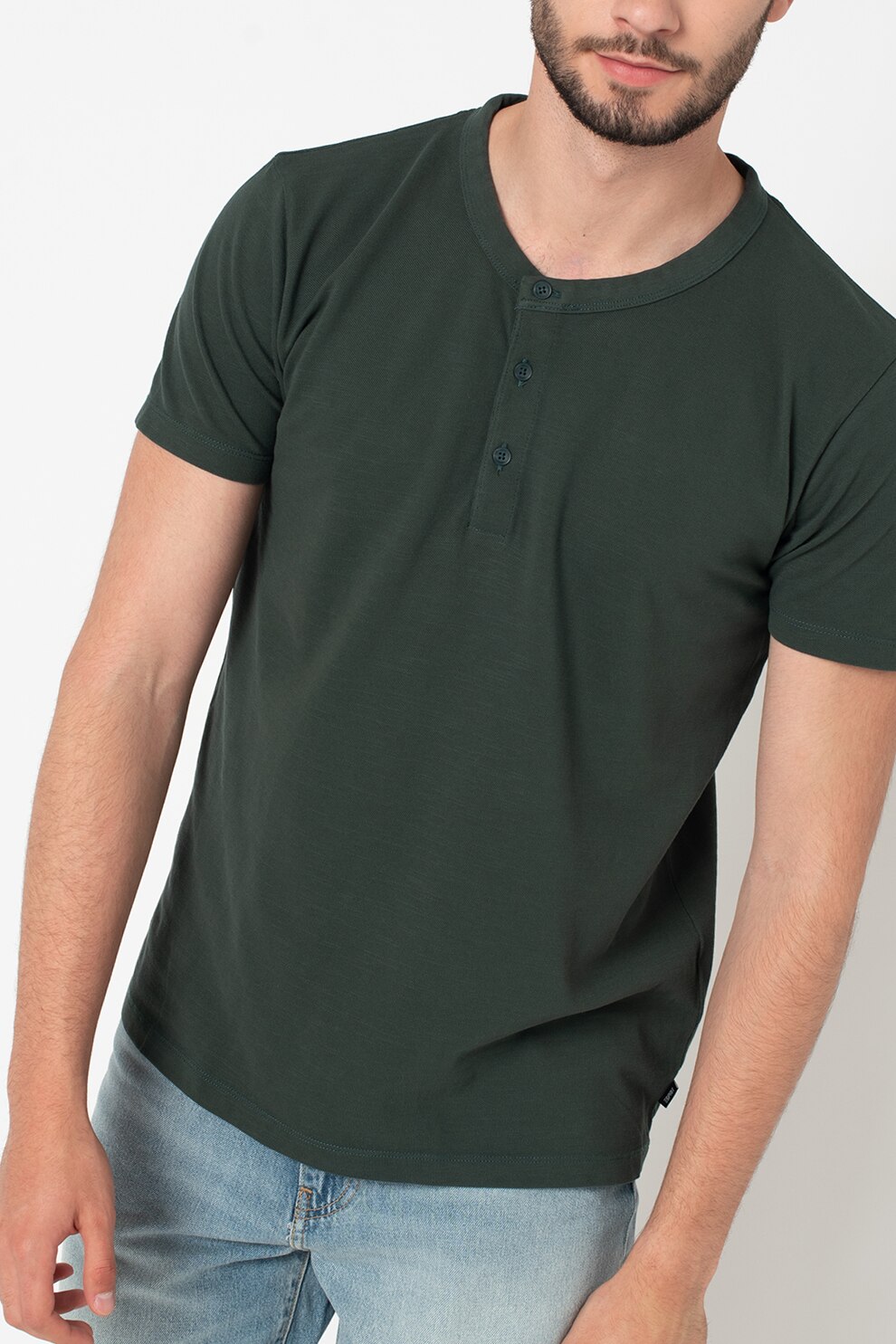 Esprit, Tricou de bumbac organic cu decolteu henley, Verde forest