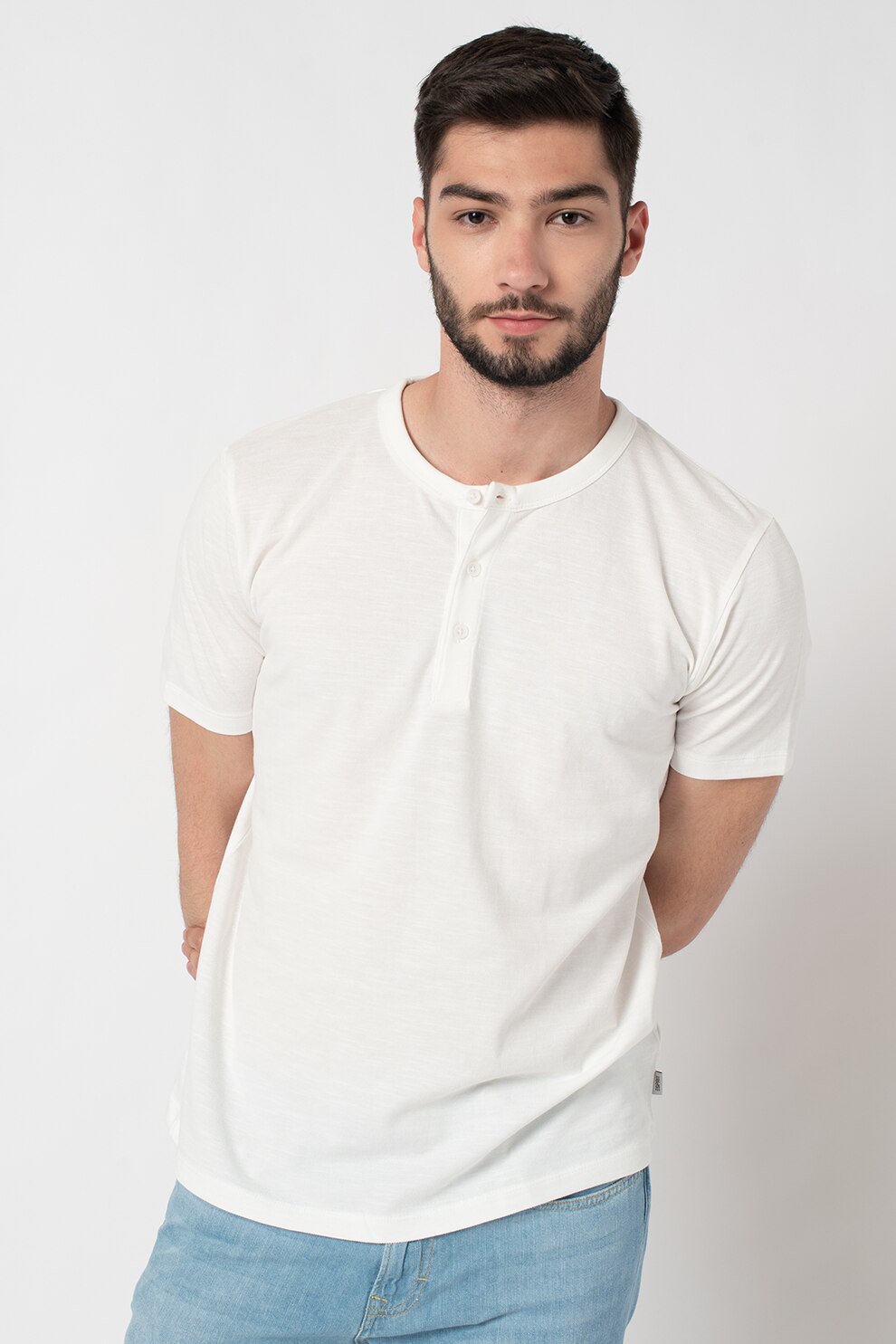 Esprit, Tricou de bumbac organic cu decolteu henley, Alb