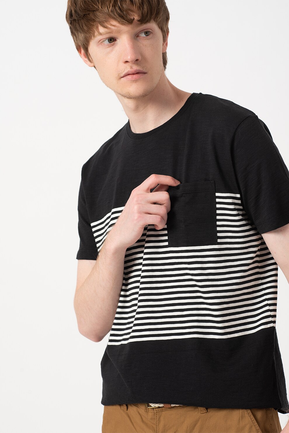 Esprit, Tricou regular fit din bumbac organic cu buzunar aplicat, Negru/Alb