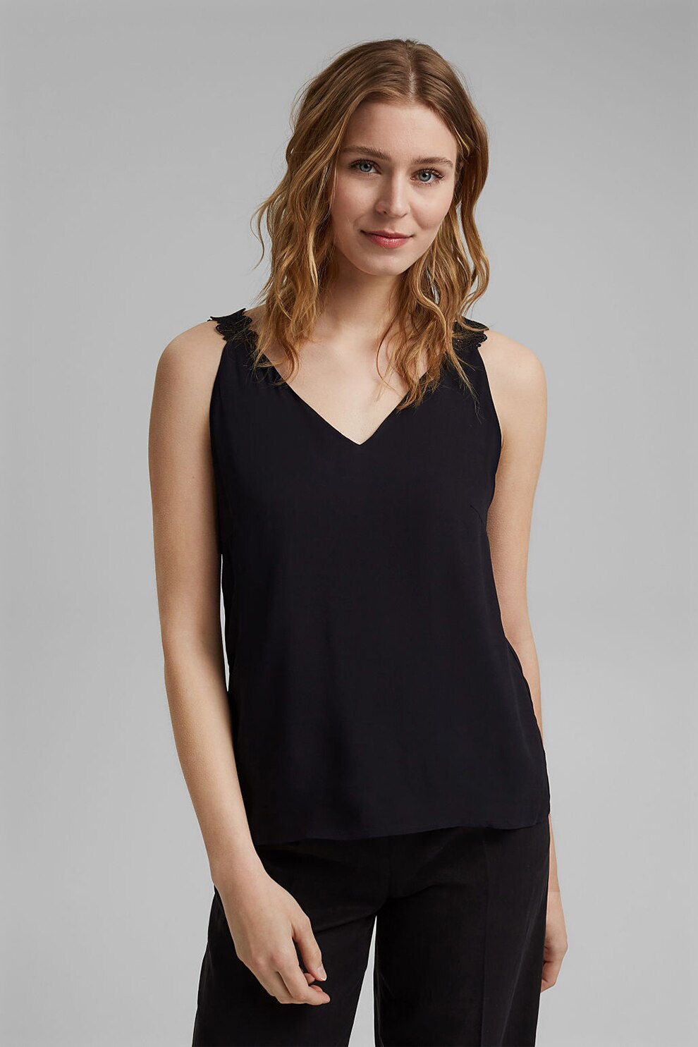 Esprit, Top cu decolteu in V si insertii din dantela, Negru