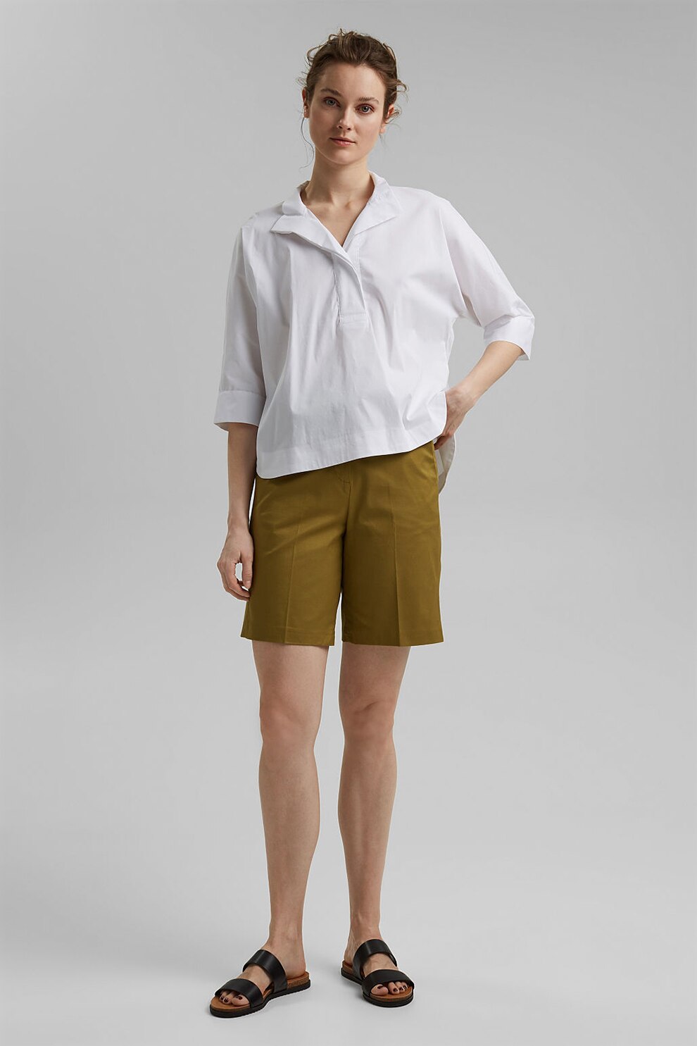 Esprit, Pantaloni scurti chino cu snur detasabil, Verde oliv