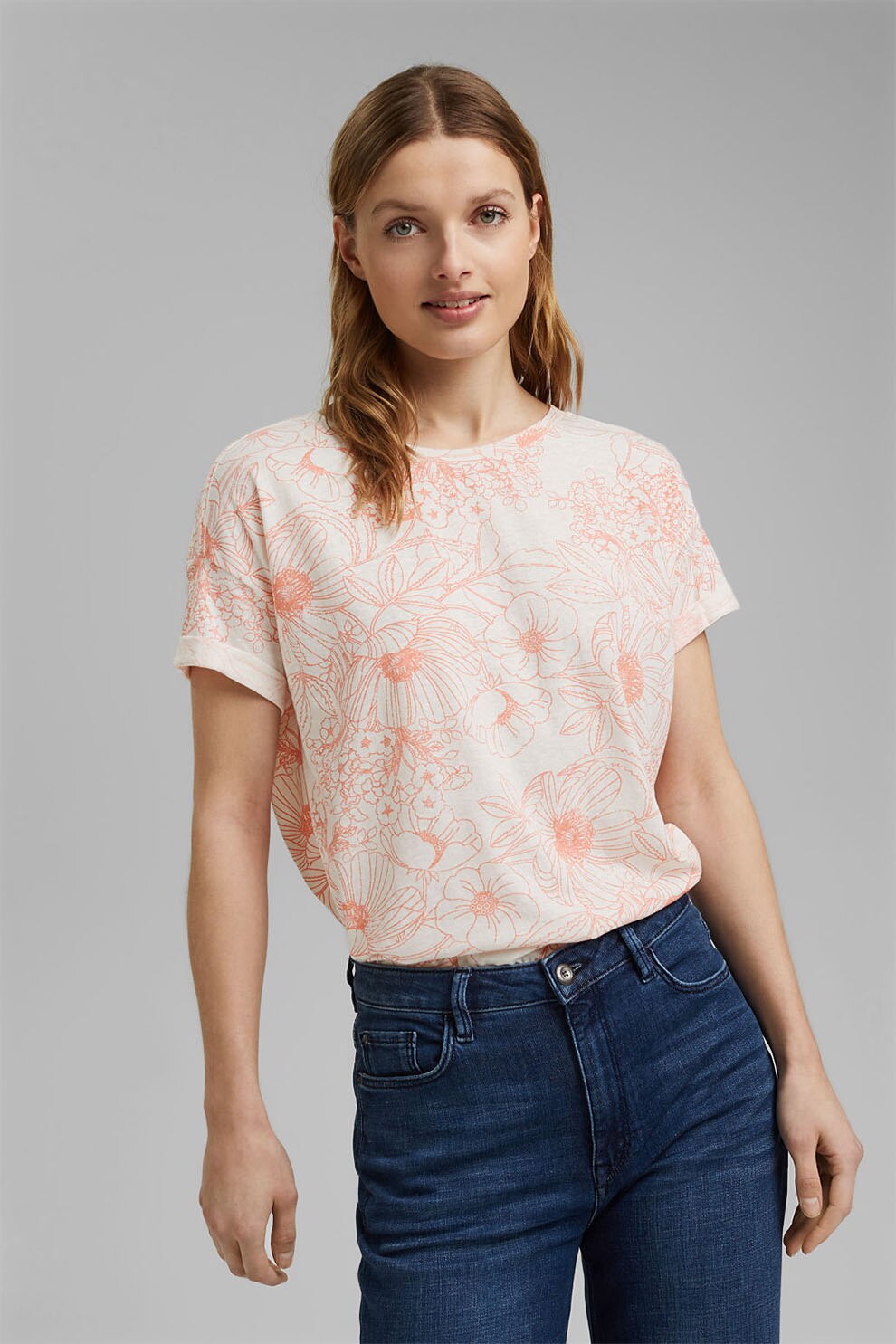 Esprit, Tricou din amestec de bumbac organic cu imprimeu, Alb/Roz somon, S