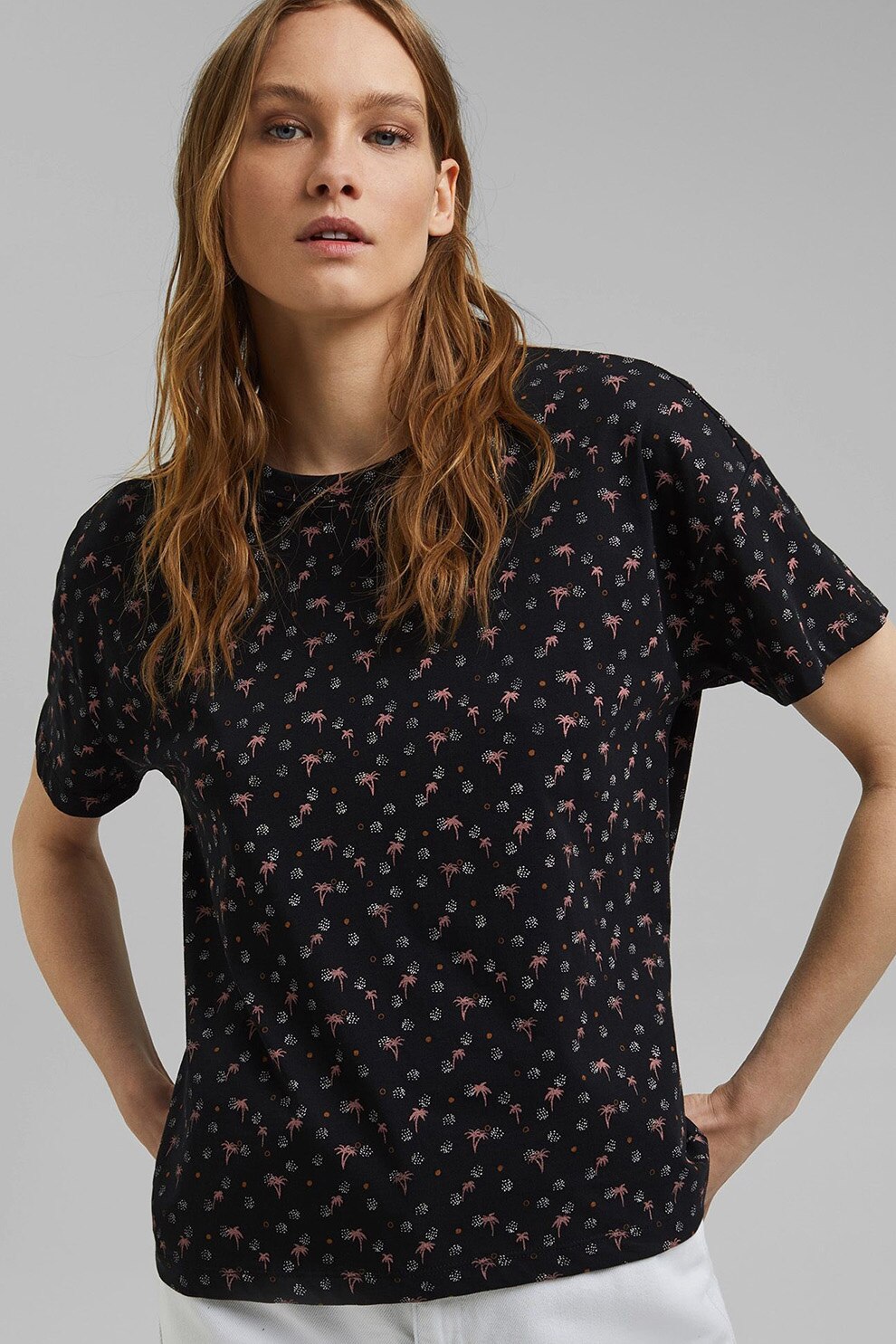 Esprit, Tricou lejer de bumbac organic cu model, Negru/Alb/Roz prafuit