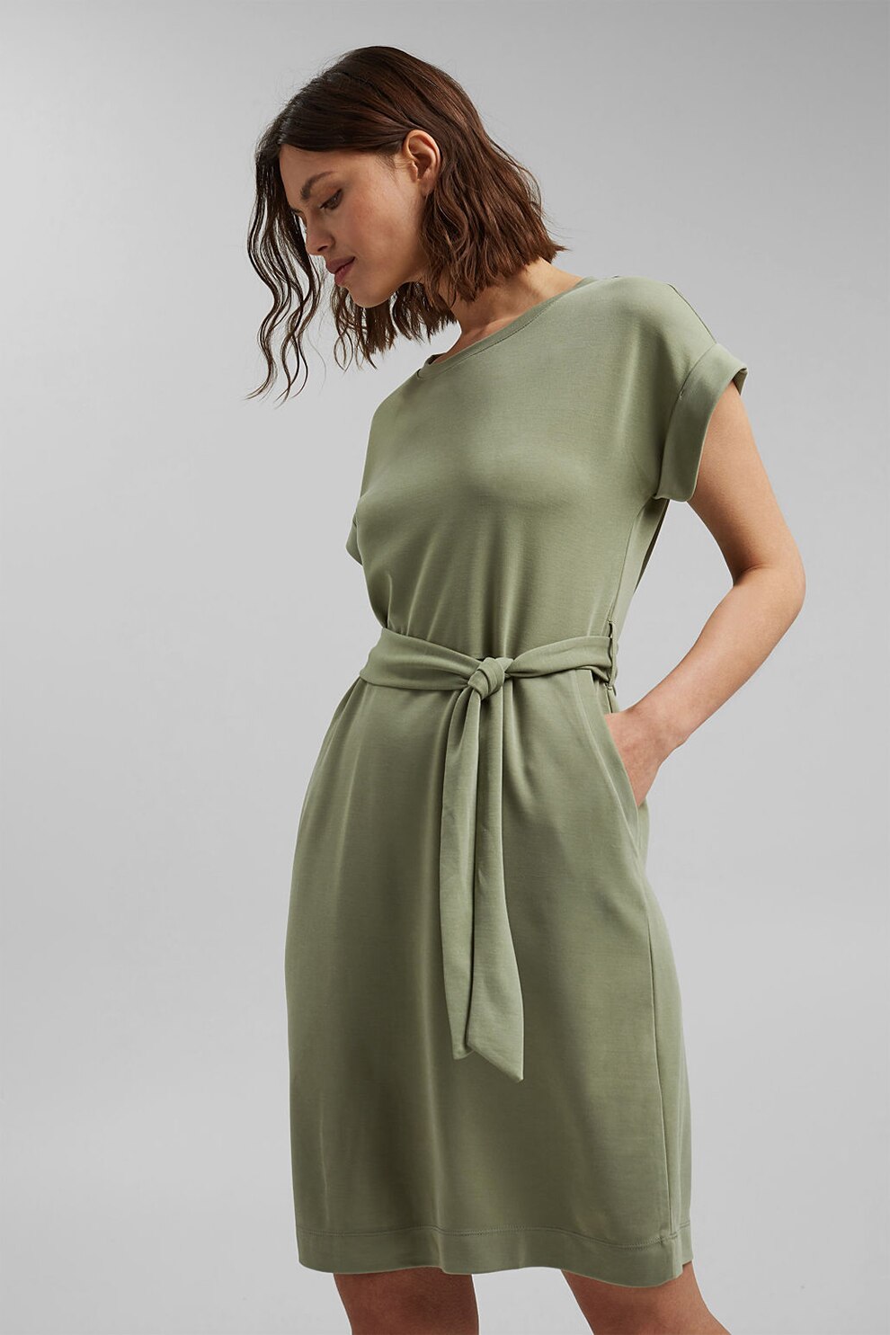 Esprit, Rochie evazata din amestec de modal cu cordon in talie, Kaki
