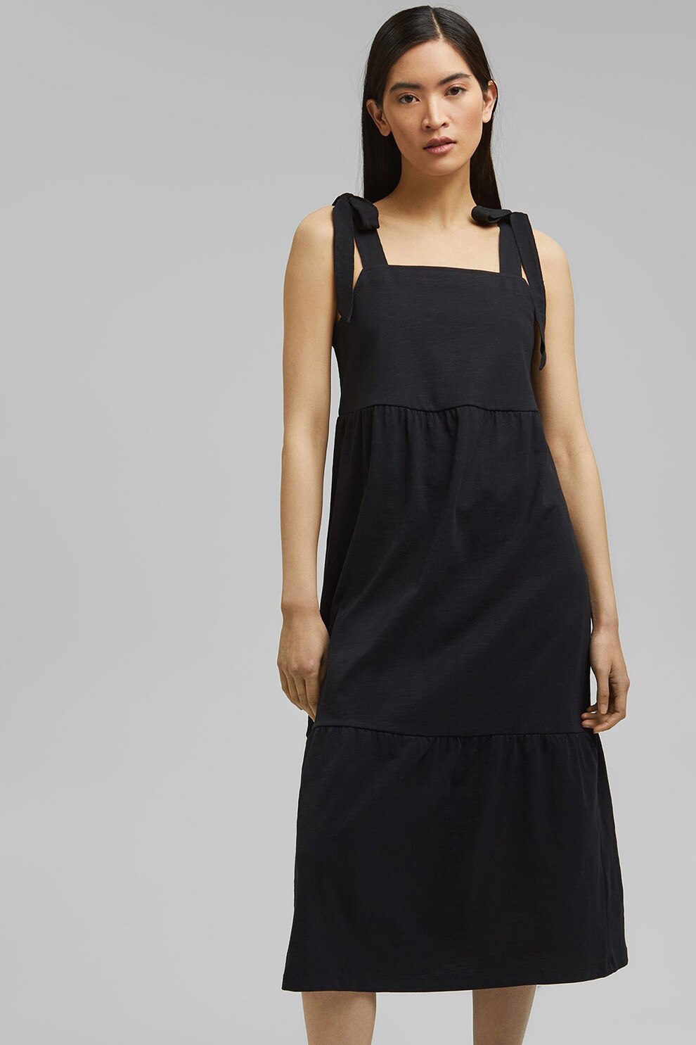 Esprit, Rochie midi evazata de bumbac organic, Negru