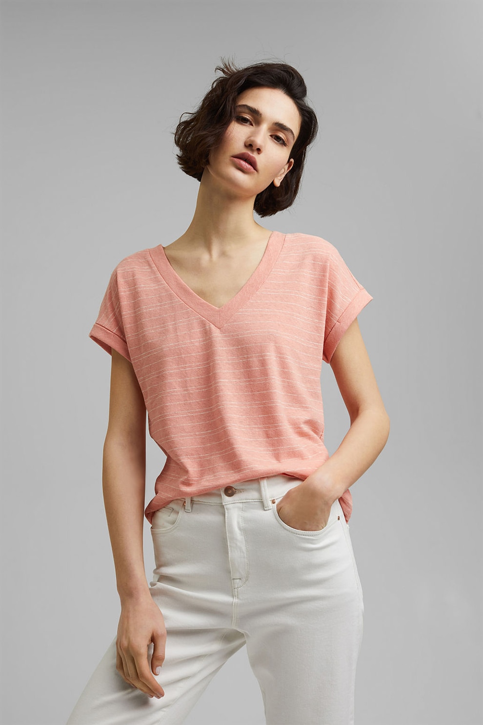 Esprit, Tricou de in si bumbac cu model in dungi, Roz somon