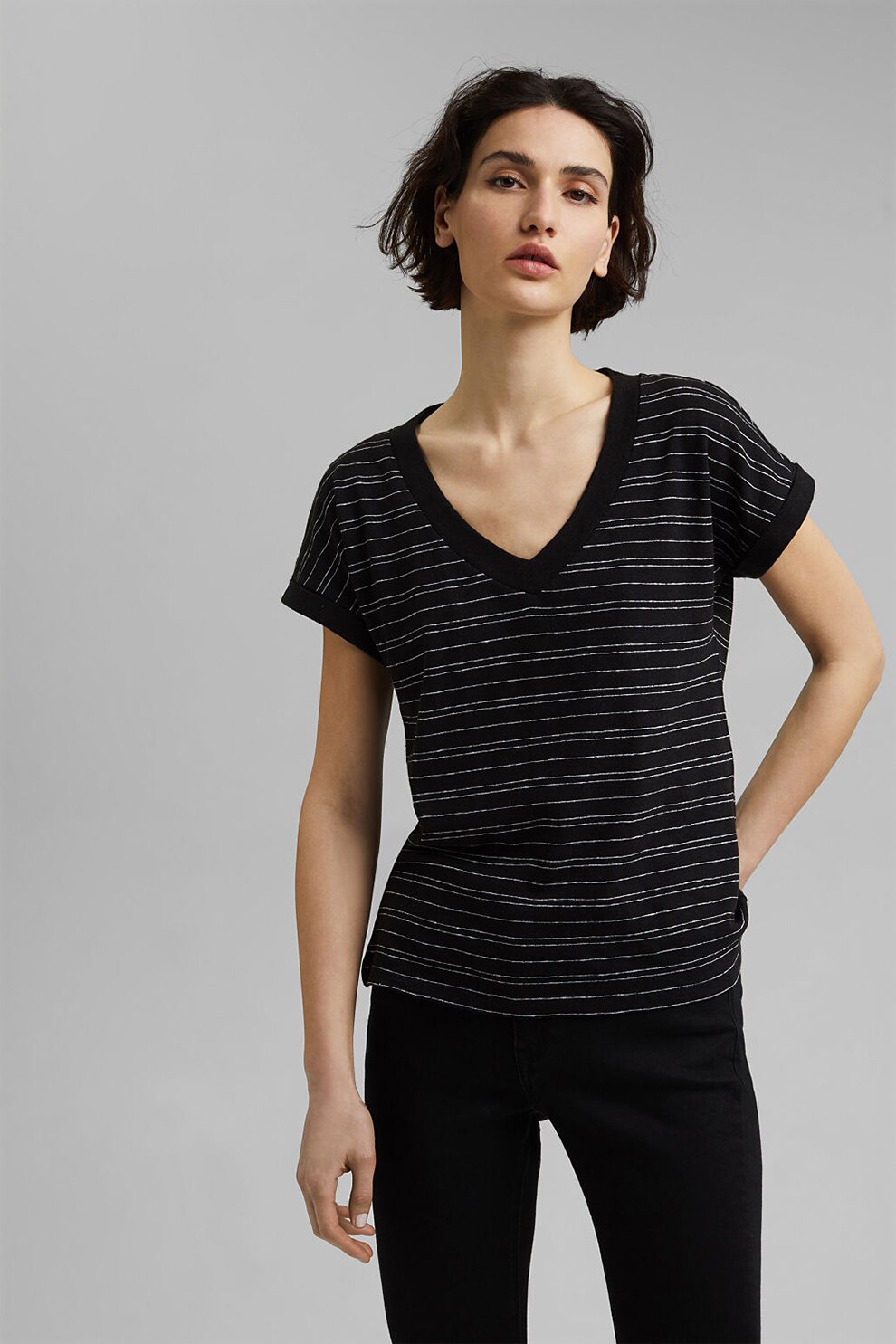 Esprit, Tricou de in si bumbac cu model in dungi, Negru/Alb
