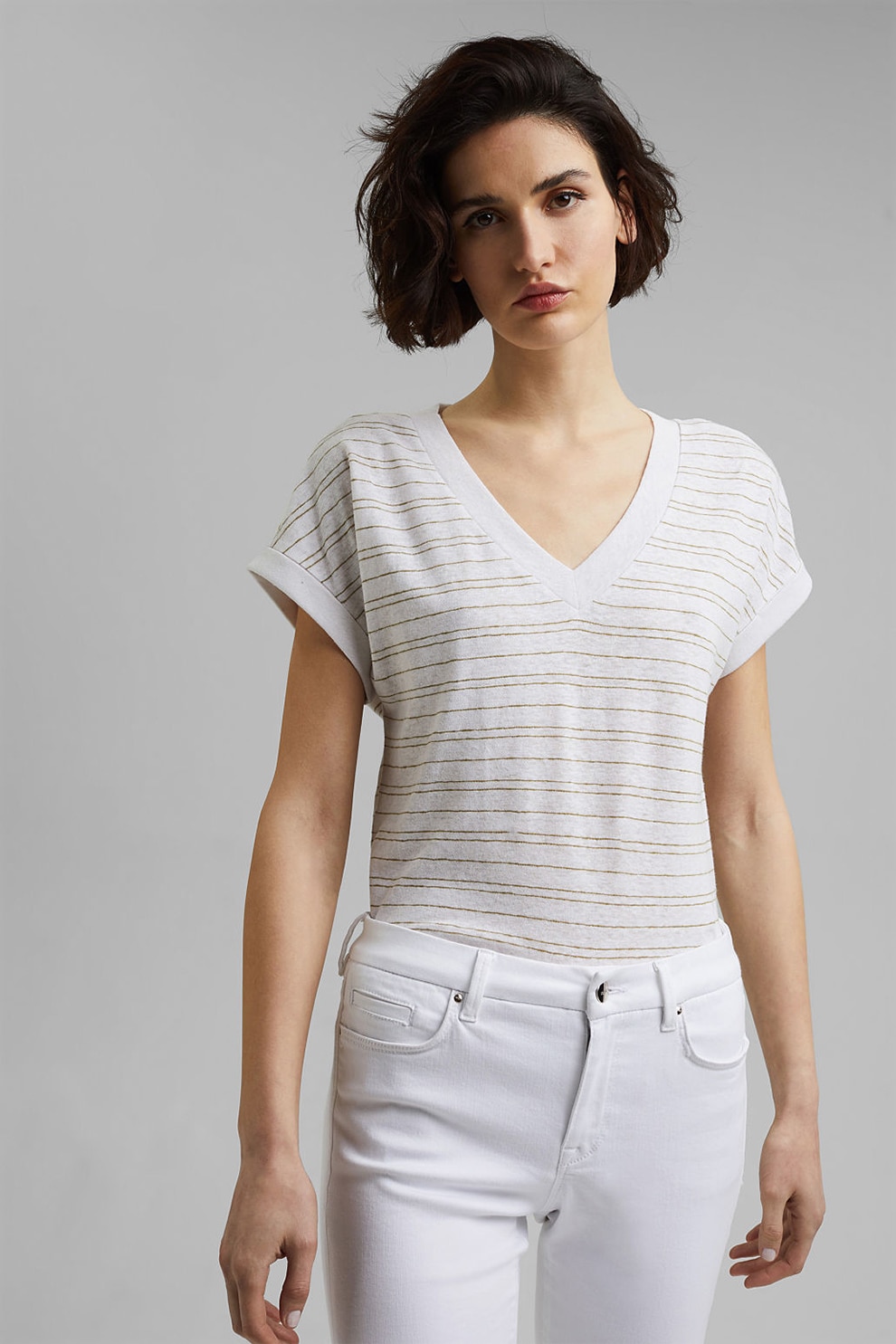 Esprit, Tricou de in si bumbac cu model in dungi, Alb/verde