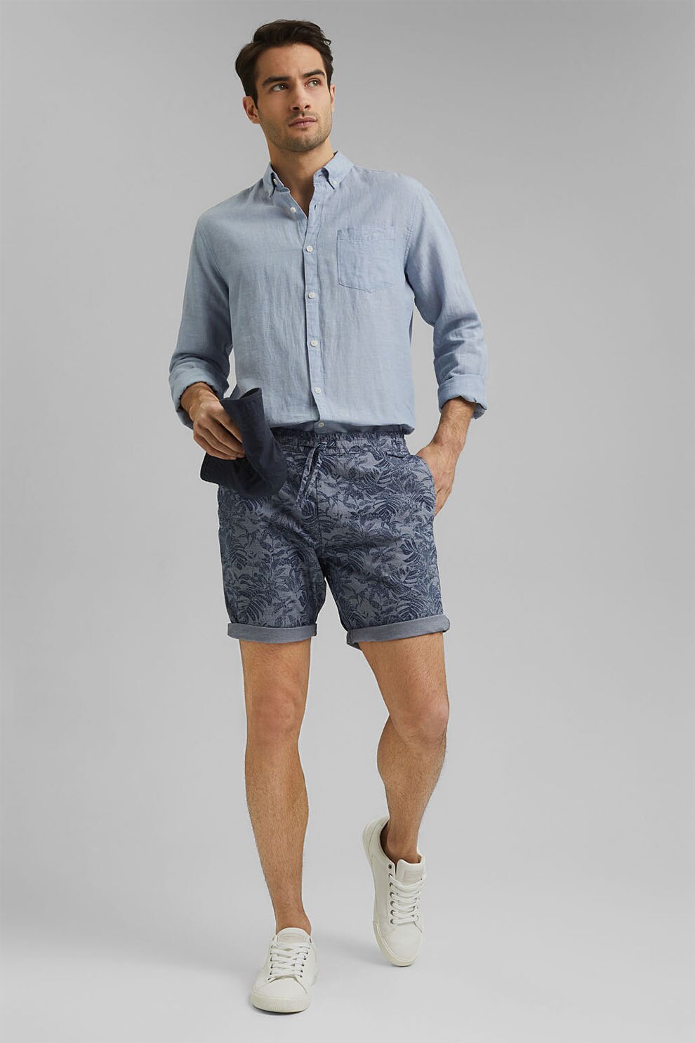 Esprit, Bermude cu model vegetal si snur, Albastru prafuit