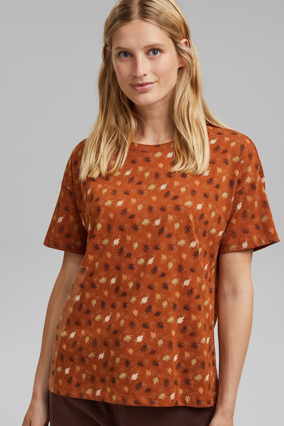 Esprit, Tricou lejer de bumbac organic cu model, oranj stins, negru, maro ocru