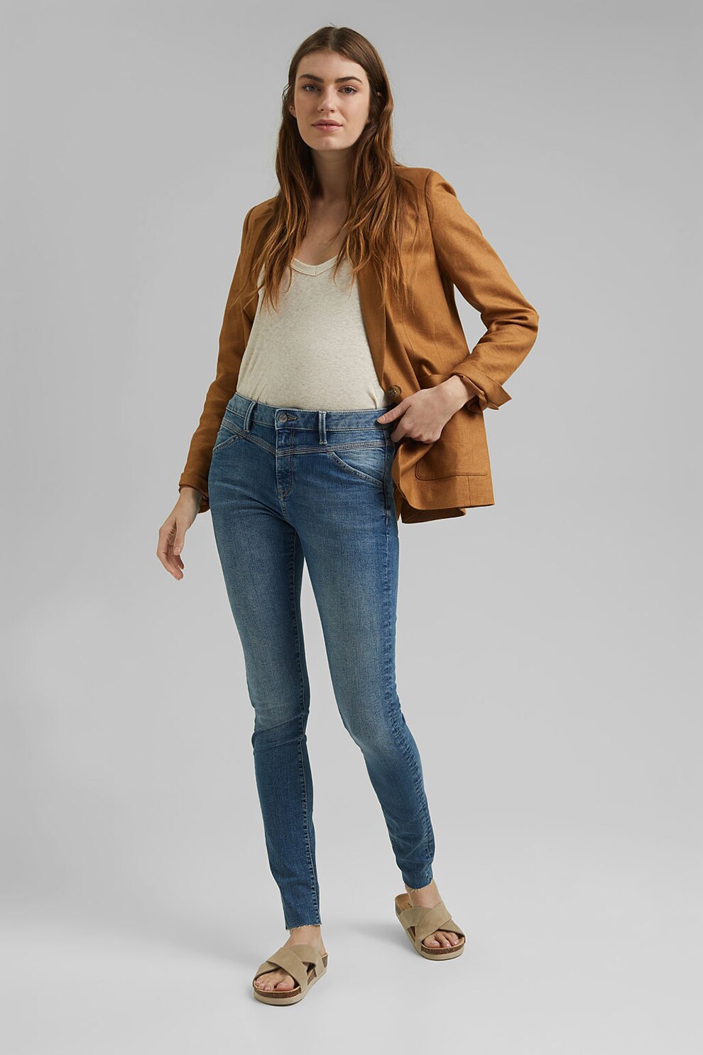 Esprit, Blugi skinny cu talie medie, Albastru inchis