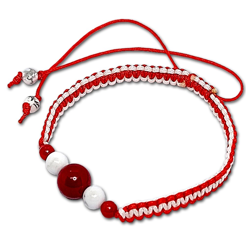 Bratara ArtDeco Martisor cu snur alb-rosu, cu pietre semipretioase Coral si Howlit, reglabila 15 -25 cm