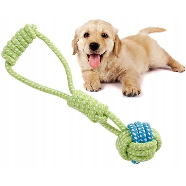 Perfect Pet Tréning játék kutyáknak, Labda hosszú csomóval és zöld nyéllel, 35 cm