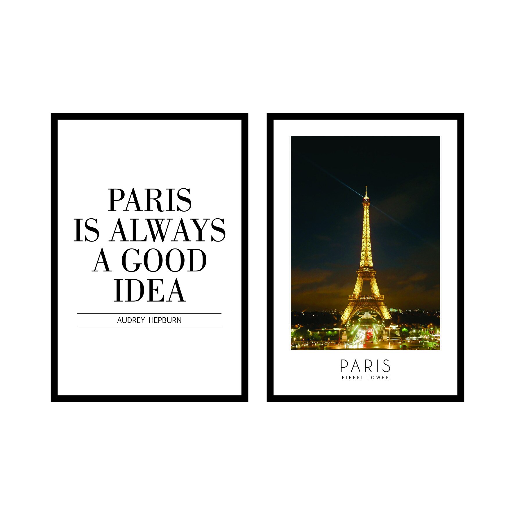 Set 2 tablouri cu rama neagra, passe-partout alb, 