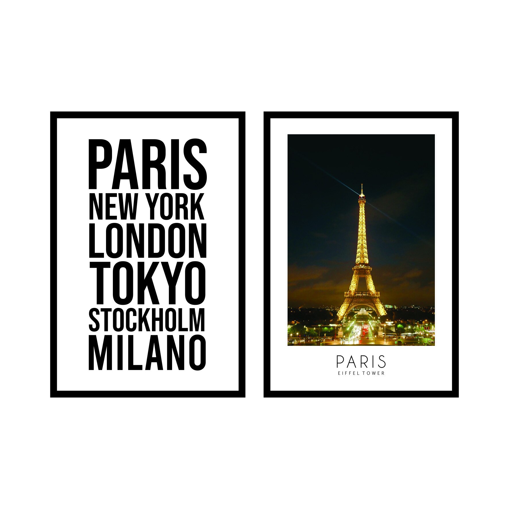 Set 2 tablouri cu rama neagra, passe-partout alb, 