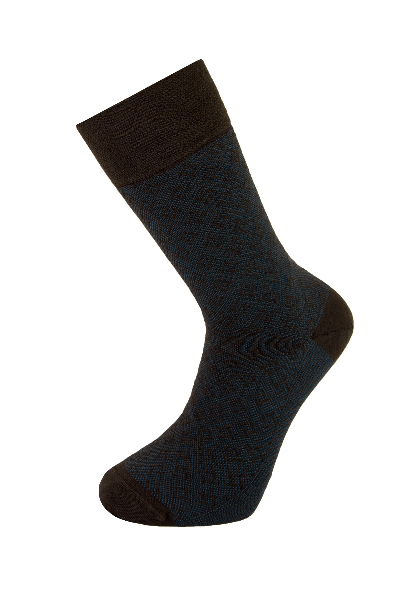 Sosete barbati din lana si fibre de bambus, Newtone, W05, Fara cusatura, Maro si albastru, cu motive geometrice, 41-44 EU