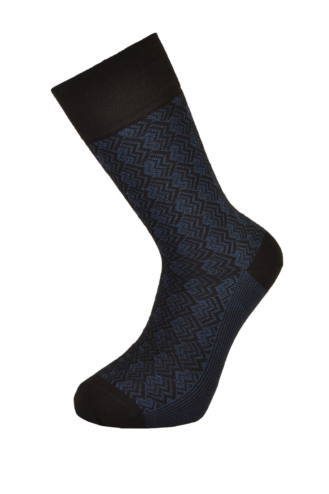 Sosete barbati din lana si fibre de bambus, Newtone, W07, Fara cusatura, Negru si albastru, cu motive geometrice, 41-44 EU