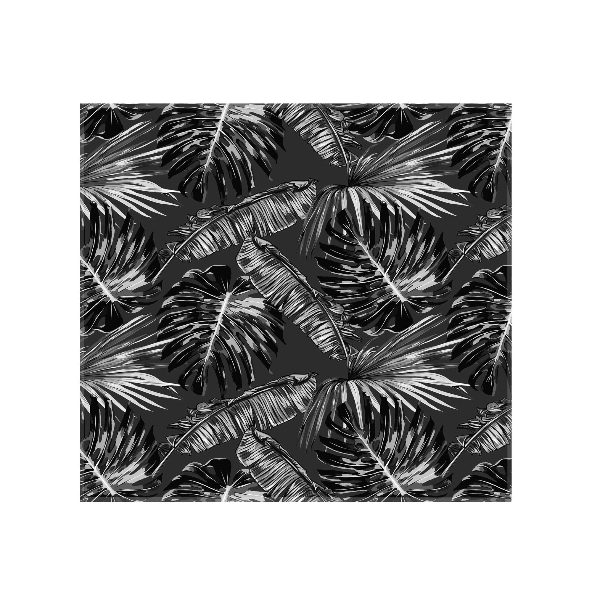Panou decorativ sticla bucatarie securizata Saint Gobain Glass, imprimata 60x55cm, protectie antistropire pentru aragaz, Ambra Deco, Frunze tropicale alb-negru