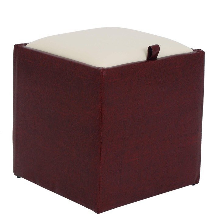 Taburet Box, piele ecologica Visiniu/Crem 37x37x41