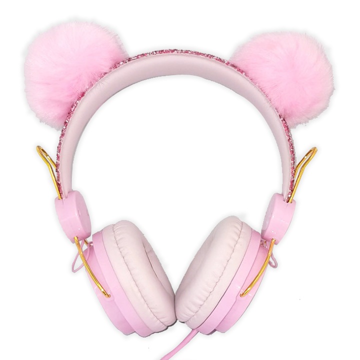 Casti Audio pentru Copii, Plush urechi de minge, wired, Music, Pliabile, Reducerea zgomotului, Roz