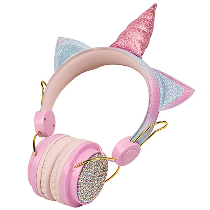 Безжични слушалки за деца, Bluetooth 5.0, еднорогови уши, намаляване на шума, стерео, розови