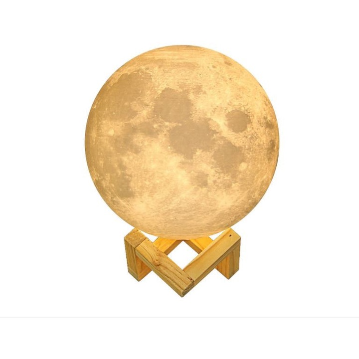 Lampa de veghe tip luna, diametru 15cm, conectare USB, multicolora, suport lemn