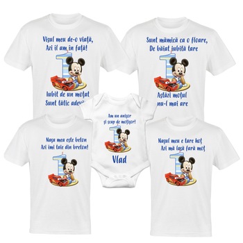 Set 4 tricouri si body pentru aniversare 1 an, taierea motului, albe din bumbac cu tema-Mickey Mouse Set 4 tricouri si body pentru aniversare 1 an, taierea motului, albe din bumbac cu tema-Mickey Mouse
