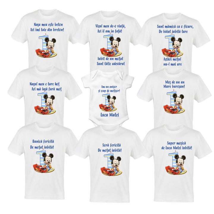 Set 8 tricouri si body pentru aniversare 1 an, taierea motului, albe din bumbac cu tema-Mickey Mouse
