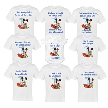 Set 8 tricouri si body pentru aniversare 1 an, taierea motului, albe din bumbac cu tema-Mickey Mouse Set 8 tricouri si body pentru aniversare 1 an, taierea motului, albe din bumbac cu tema-Mickey Mouse
