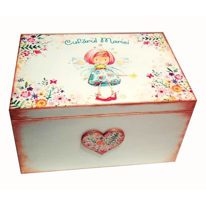 Cufar din lemn decorat manual, 40/30/20 cm, personalizabil, destinat pentru pastrarea amintirilor, trusou botez, tema Zana, Mixartstudiobym