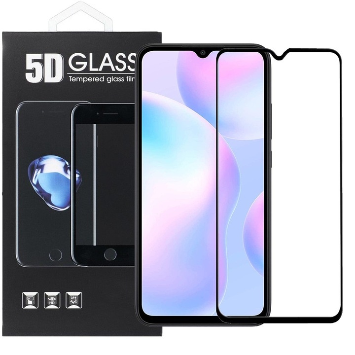 Xiaomi Redmi 9A / 9AT / 9i / 9C kompatibilis üvegfólia, előlapi, 5D, edzett, hajlított, fekete kerettel