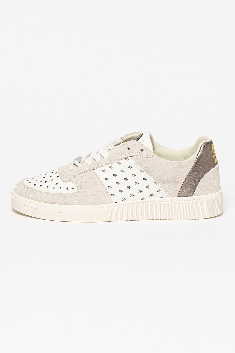 Scotch & Soda, Pantofi sport de piele si piele intoarsa Laurite, Alb