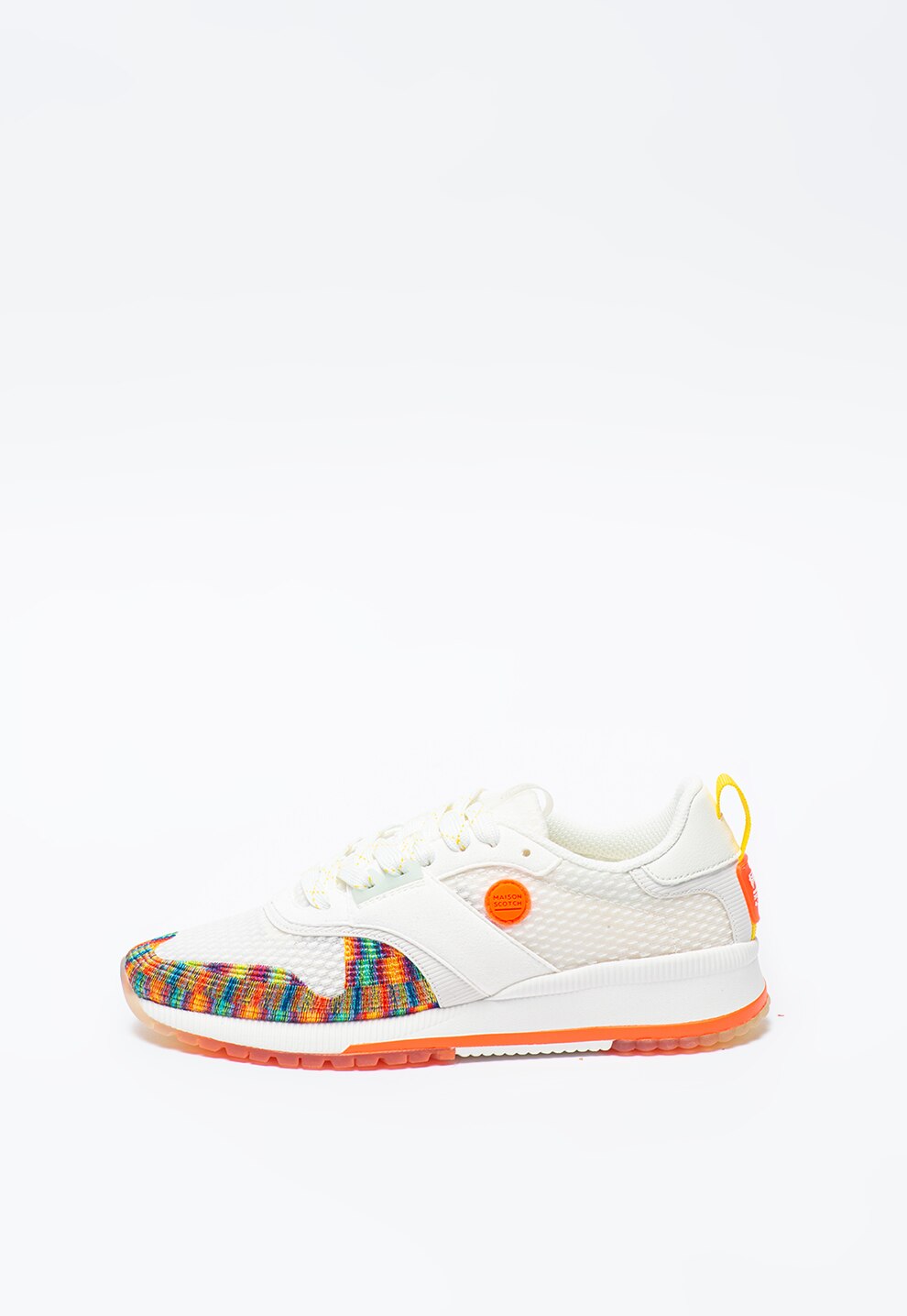 Scotch & Soda, Pantofi sport cu insertii de piele intoarsa Vivi, Alb/Oranj neon/Verde, 40