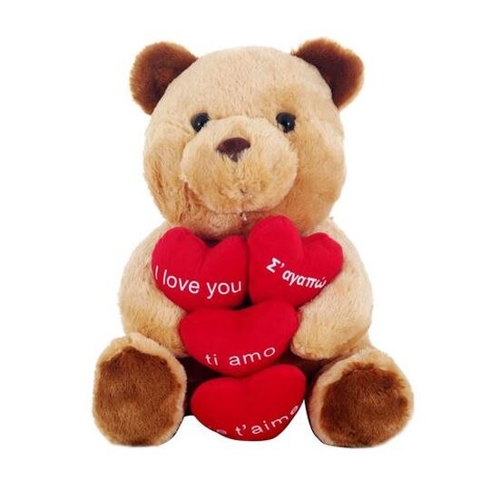 Ursulet de plus cu inimioare rosii, text Te Iubesc in 4 limbi, culoarea maro, 39 cm