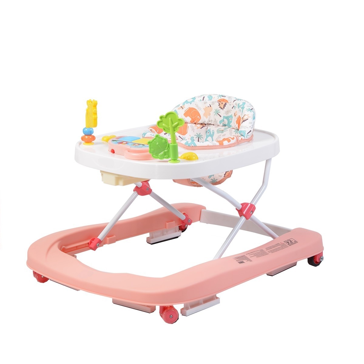 Premergator Premium reglabil in 3 trepte de inaltime NOVOKIDS™ ZooZoo Baby ,Roti silentioase din silicon, Cu melodii, Animalute, Pliabil, Roz