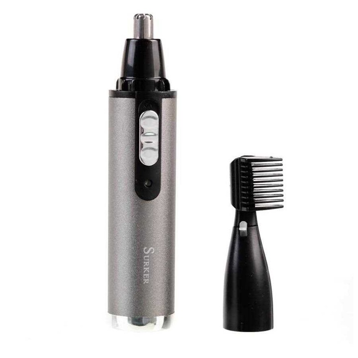 Trimmer facial pentru barbati Surker SK-211, 2 capete interschimbabile, lame inox, accesoriu pentru sprancene inclus, alimentare acumulator, buton on/off, Gri