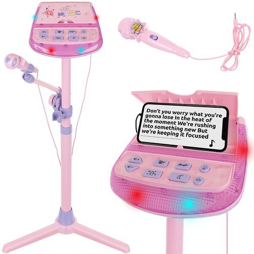 Microfon roz cu stativ cu conectare karaoke, aux, inaltime reglabila 60 ...