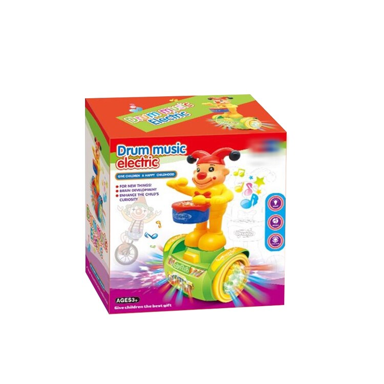 Jucarie interactiva cu baterii, Clown cu toba pe hoverboard, canta, lumineaza, bate toba se roteste