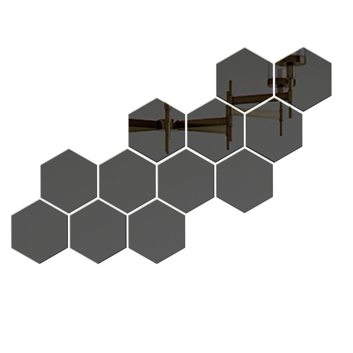 Set 12 stickere auto-adezive, 5 Continents, tip oglinda decorativa, 3D, Negru, 126x110x63mm